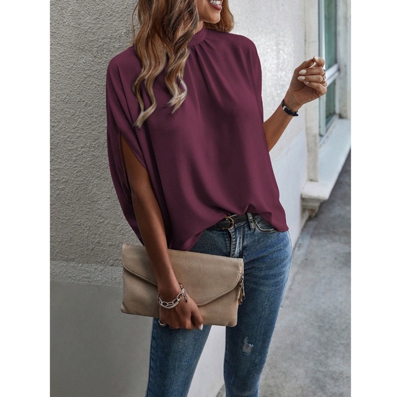 Burgundy Blouse Top Flowy, High Neck - Picture 6 of 11